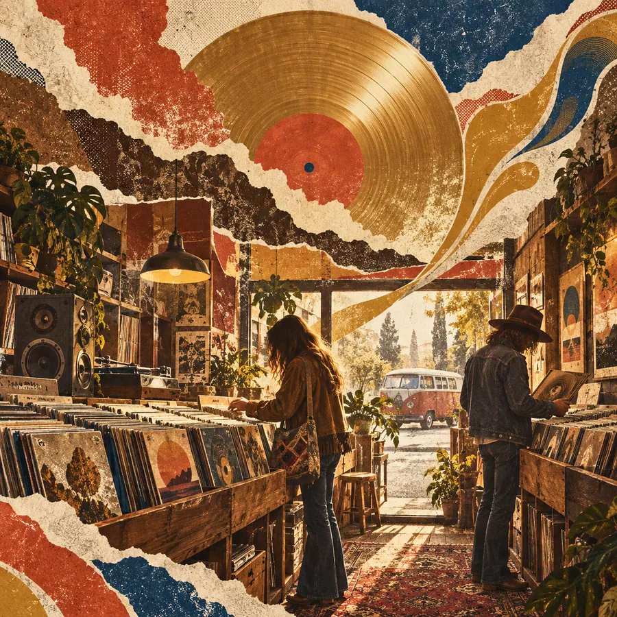 イラスト：植物に囲まれたレコード店で、エサ箱のレコードを探す人たち