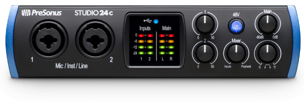PreSonus Studio 24c 2x2 USB Type-C Audio/MIDI Interface with Kellopy Pop  Filter Mic Boom Scissor Arm Stand 10ft MIDI Cable  XLR Cable Bundle 